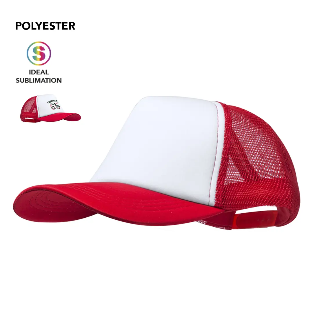 Gorra de poliéster blanca con visera y rejilla roja ajustable.