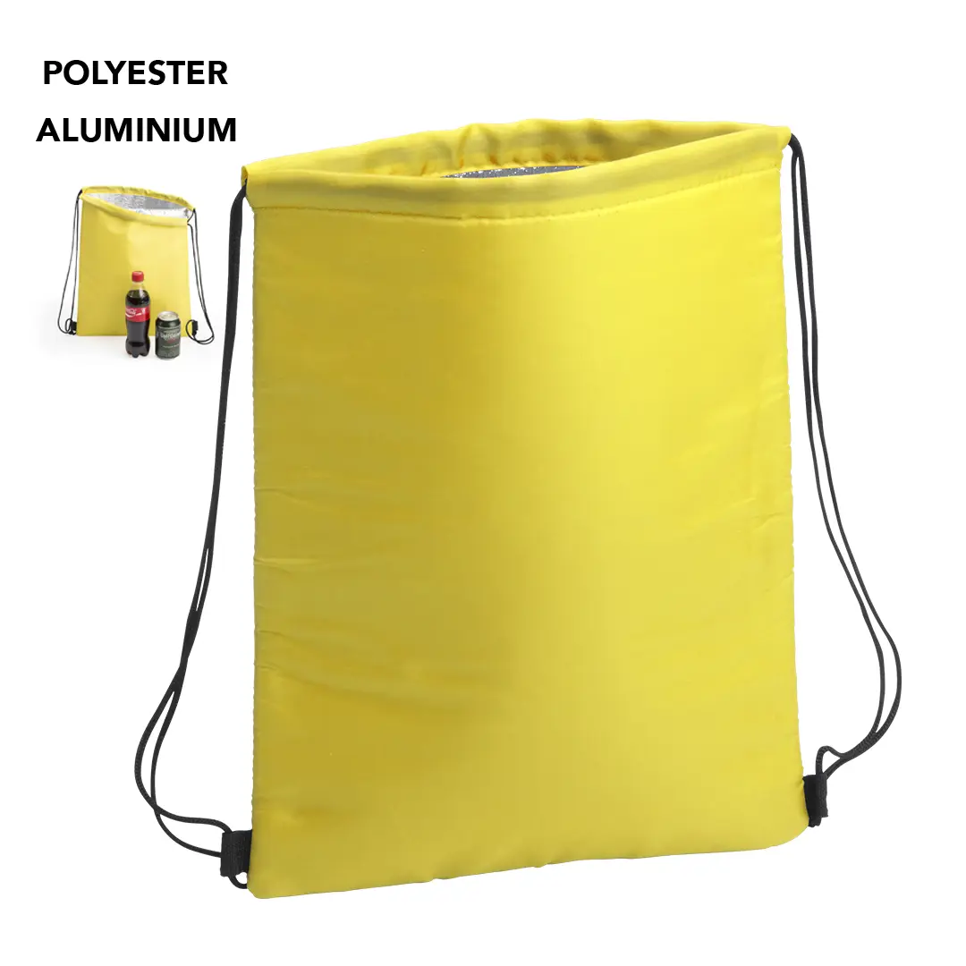 Mochila amarilla de poliéster con interior de aluminio aislante y cordones negros.