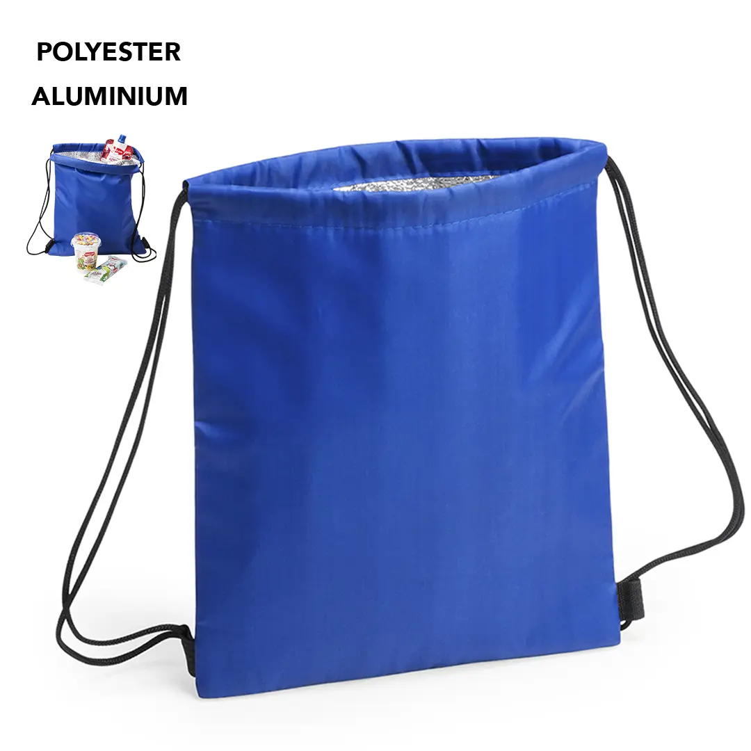 Bolsa térmica azul de poliéster con interior de aluminio y cierre de cordón para transportar alimentos.