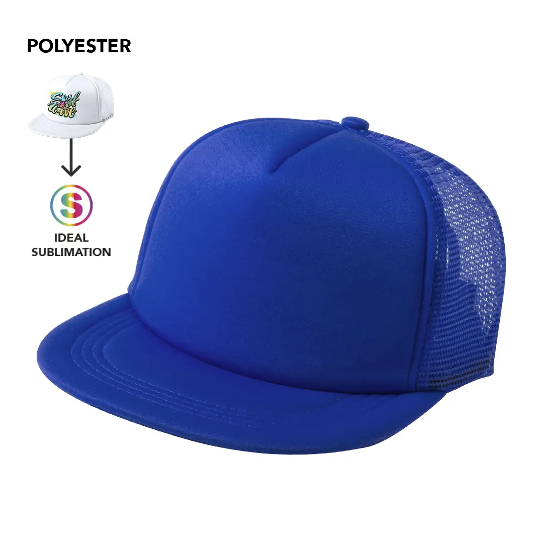 Gorra azul de poliéster con parte trasera de malla para sublimación.