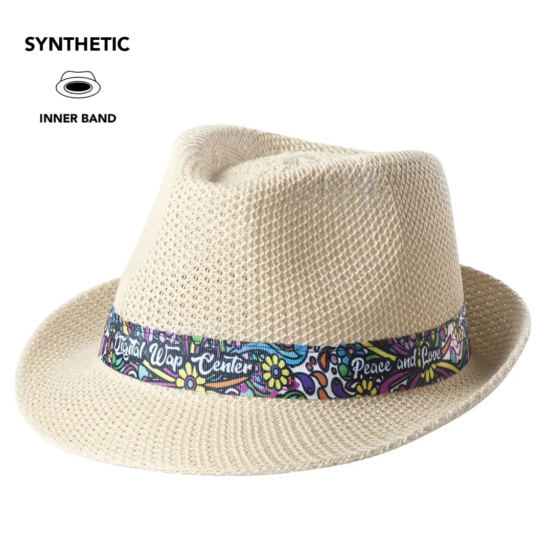 Sombrero tipo fedora beige de rafia sintética con cinta decorativa multicolor y mensaje "Peace and Love".