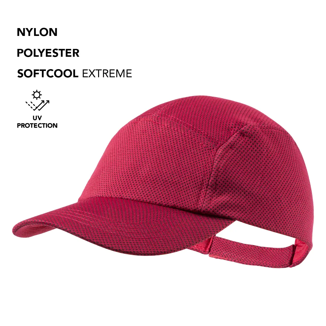 Gorra roja de nylon y poliéster con protección UV y cierre ajustable.