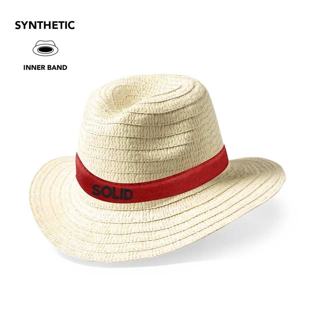 Sombrero de paja sintética beige con cinta roja y banda interior para protección solar.
