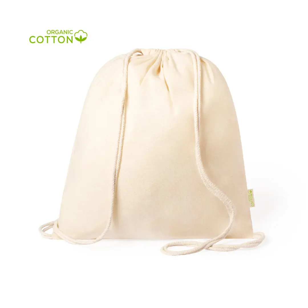 Mochila saco de algodón orgánico color beige con cierre de cordón.