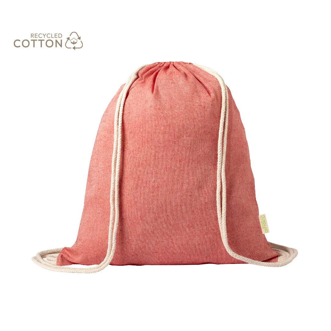 Mochila saco rosa de algodón reciclado con cordones blancos.