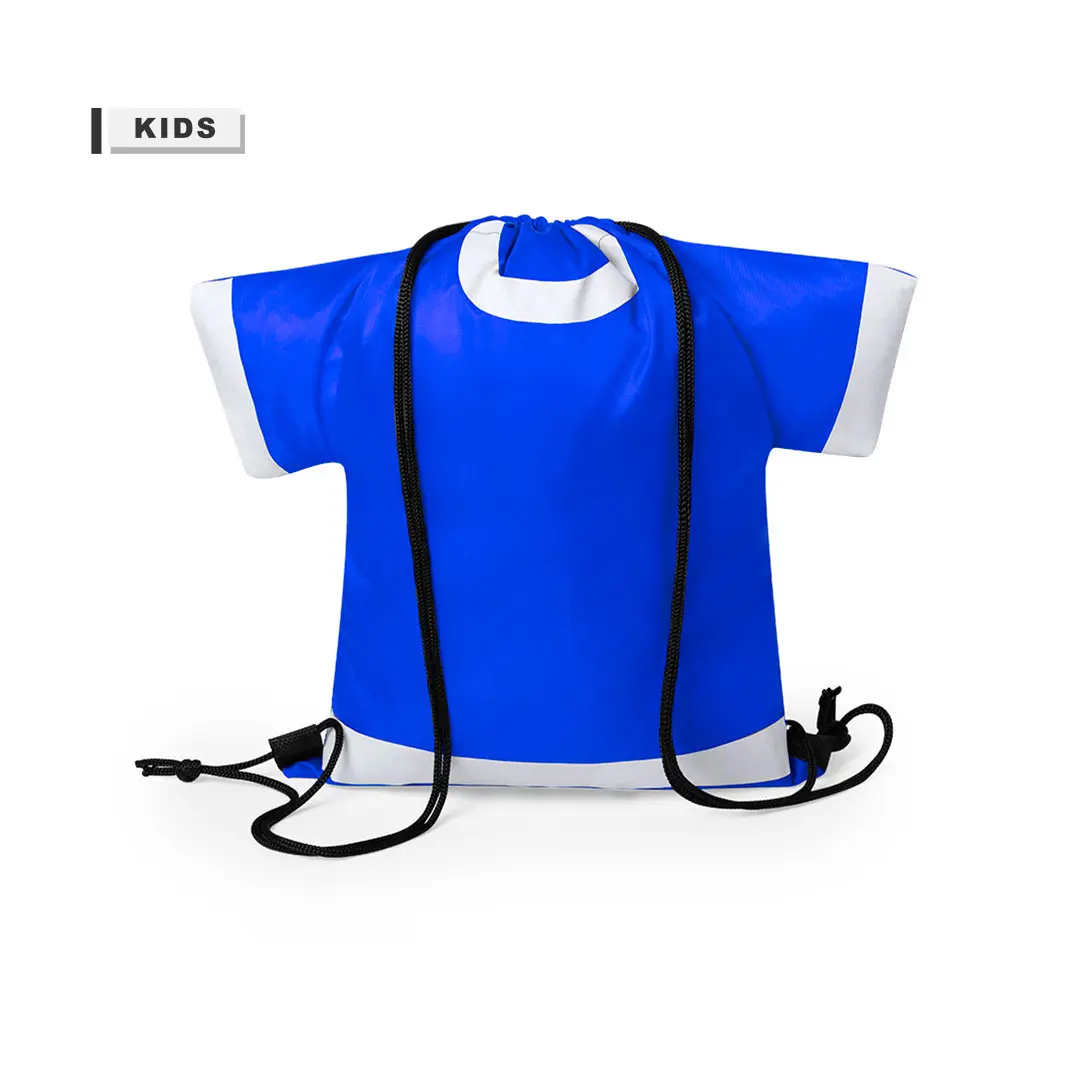 Mochila tipo saco azul con detalles blancos y cuerdas negras para niños.
