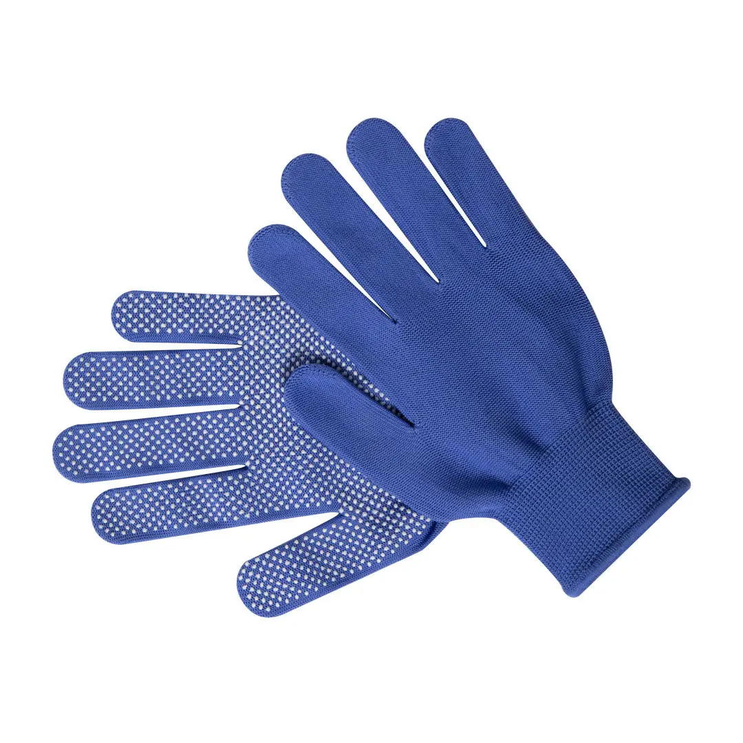 Guantes azules de tejido con puntos antideslizantes blancos en la palma.