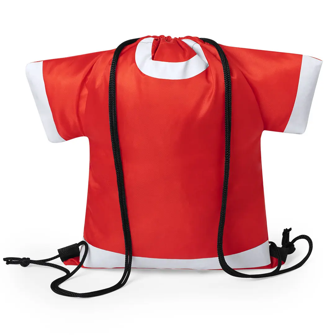 Mochila tipo saco roja con detalles blancos y cordones negros.