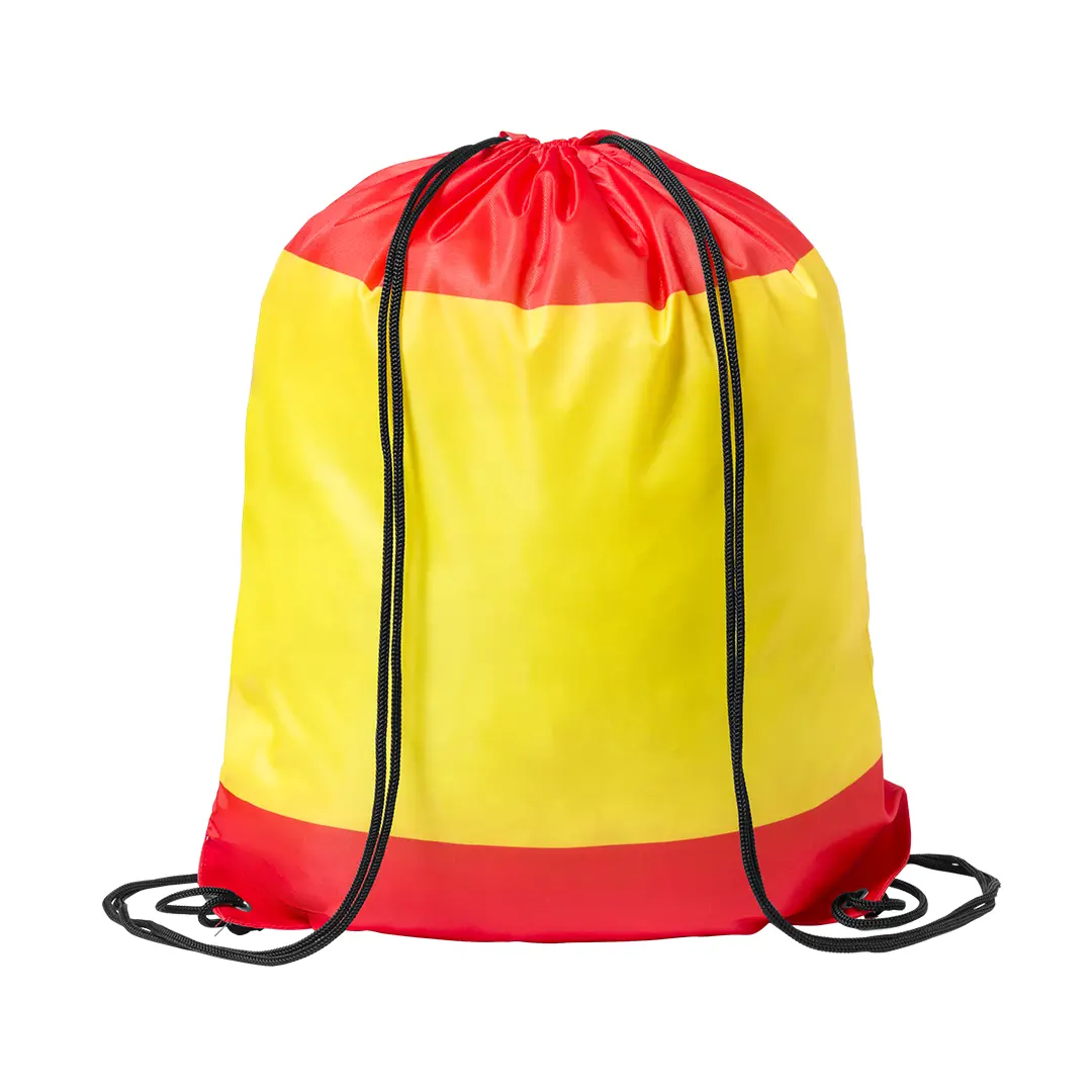 Mochila saco de nylon con diseño en rojo y amarillo y cierre de cordón negro.