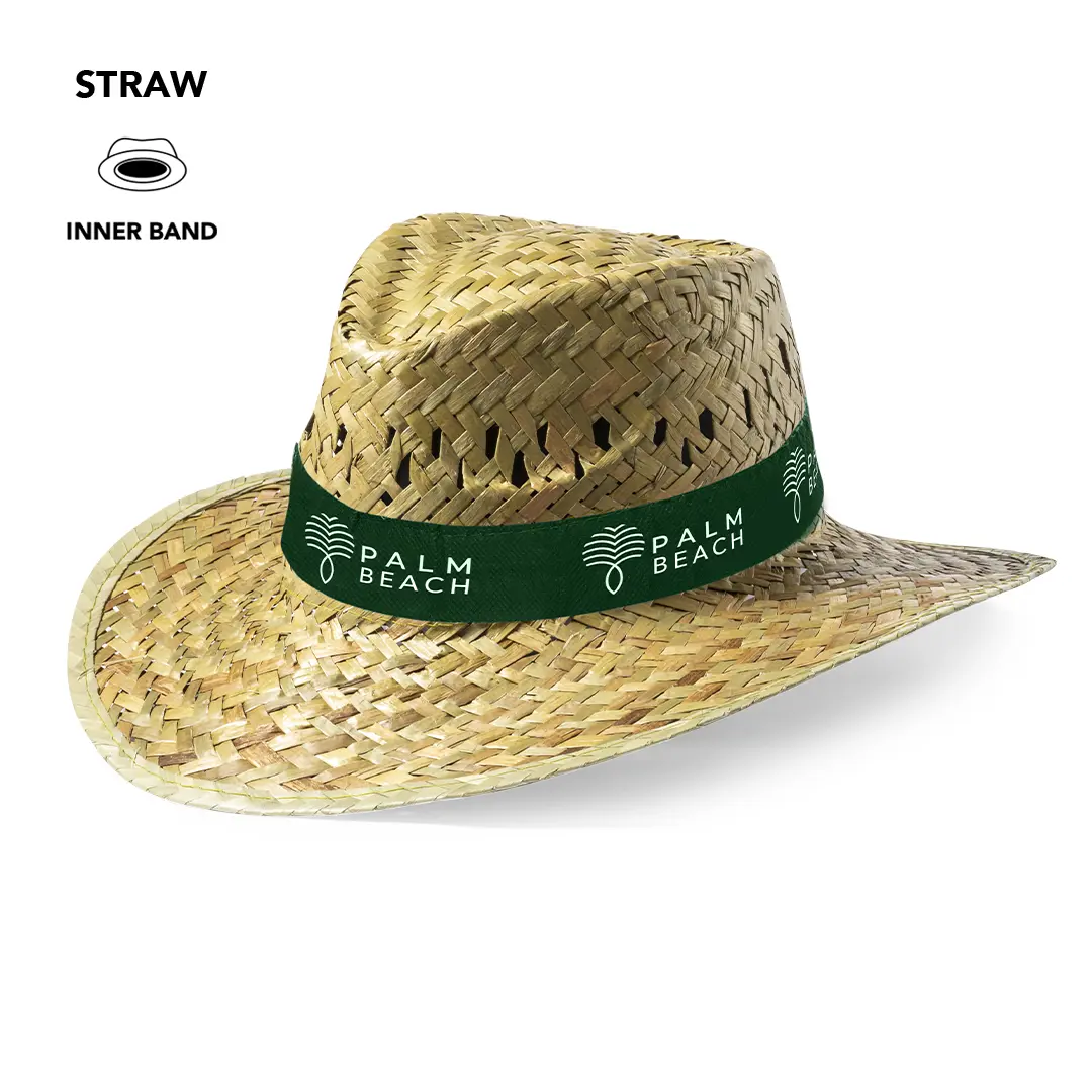 Sombrero de paja natural con cinta verde y logo Palm Beach para protección solar.