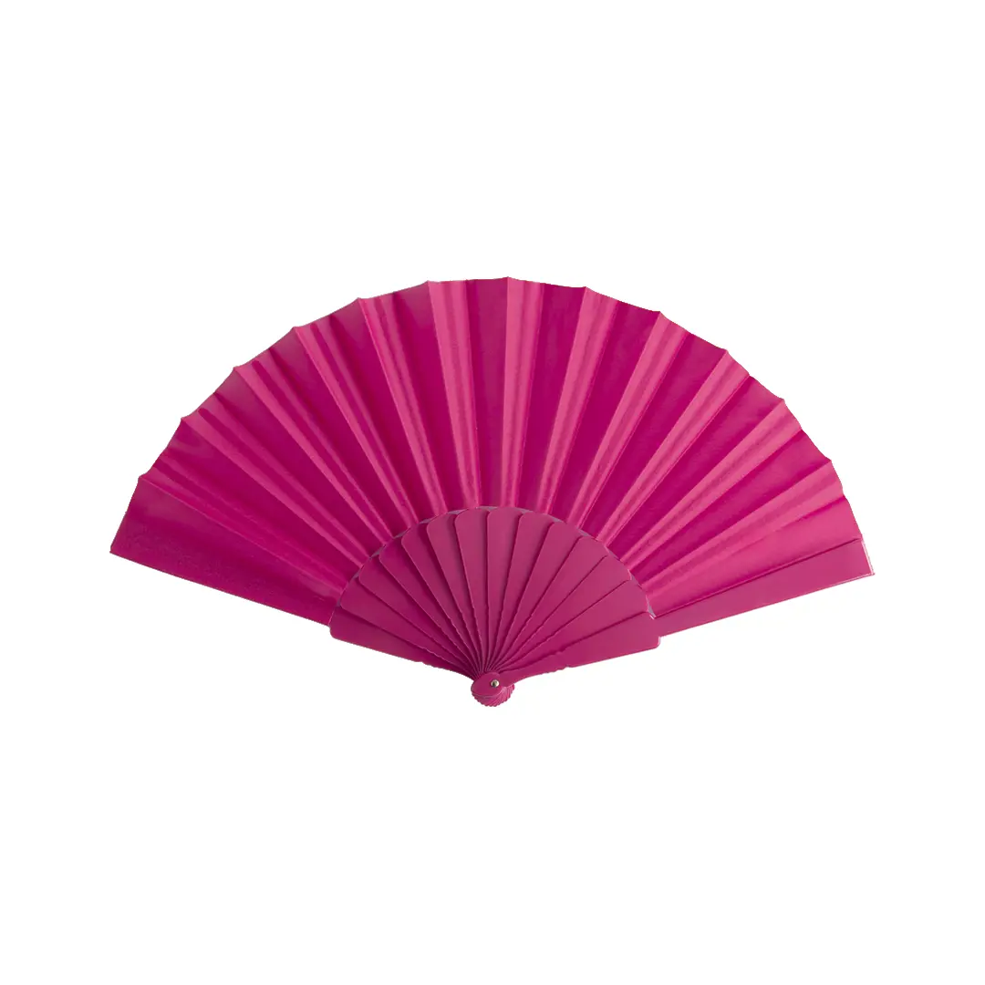 Abanico plegable de color fucsia con varillas de madera.