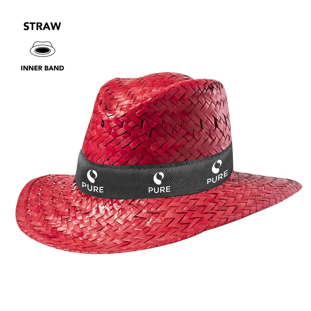 Sombrero de paja rojo con cinta negra y logo PURE para protección solar.