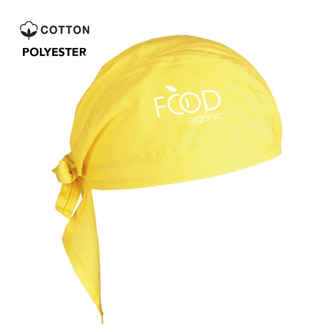 Pañuelo amarillo de algodón y poliéster con logo blanco para uso en cocina.