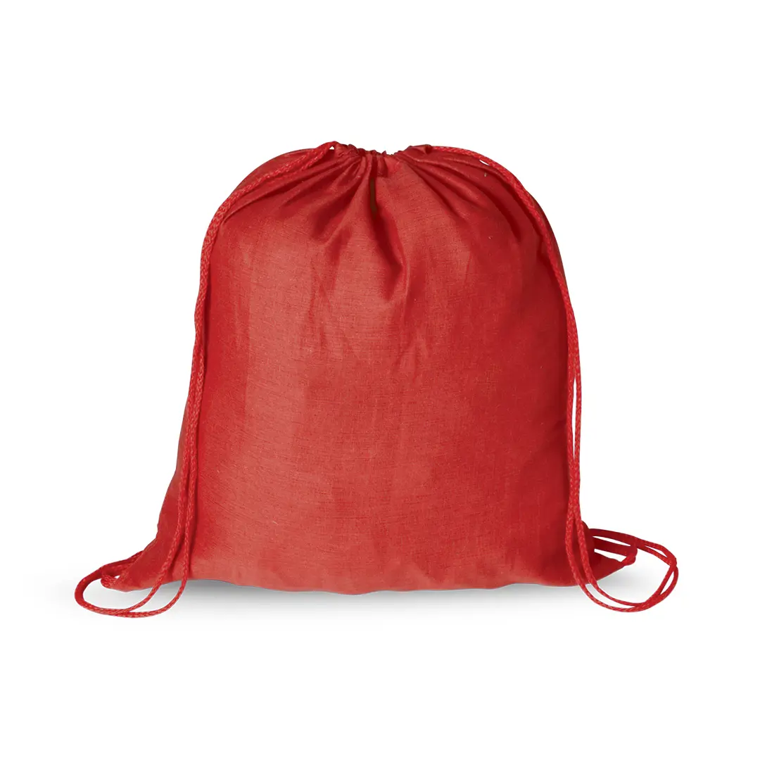 Mochila saco roja de tela con cierre de cordón.