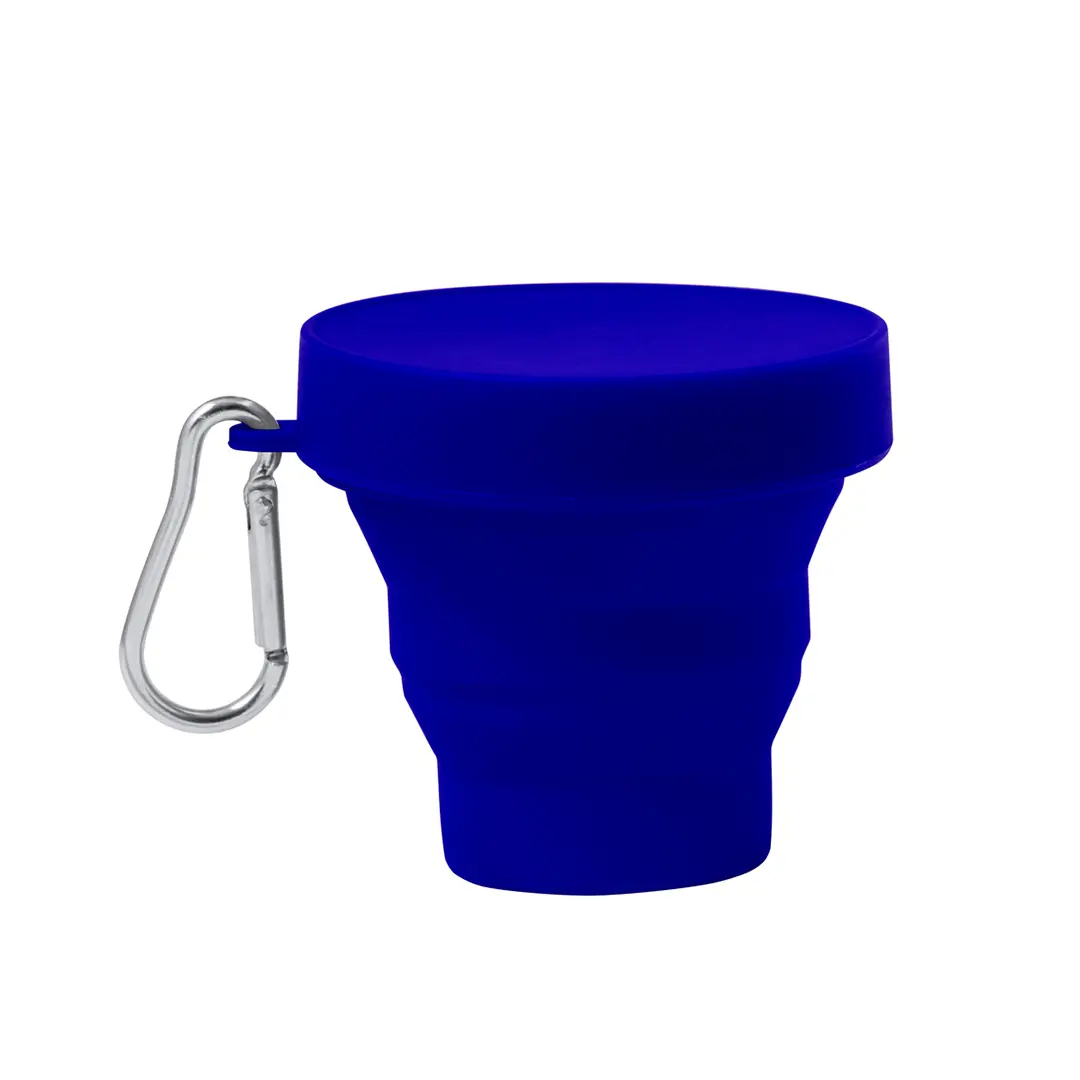 Vaso plegable azul con tapa y mosquetón metálico para llevar.