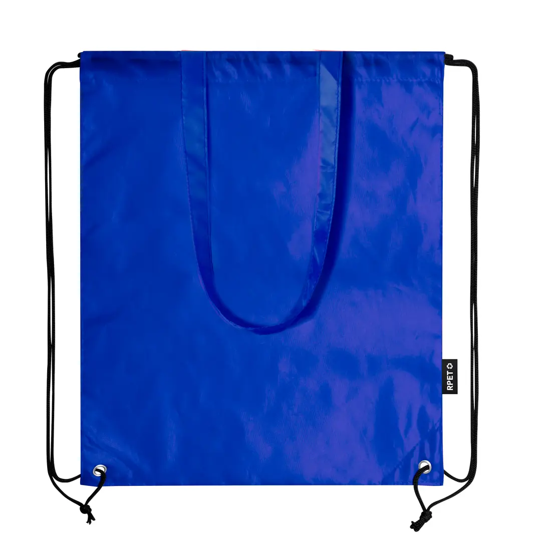 Mochila saco azul de poliéster reciclado con asas y cordones negros.