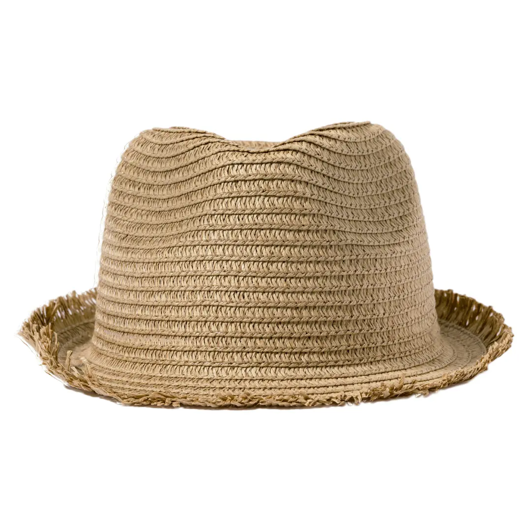 Sombrero de paja beige con ala deshilachada para protección solar.