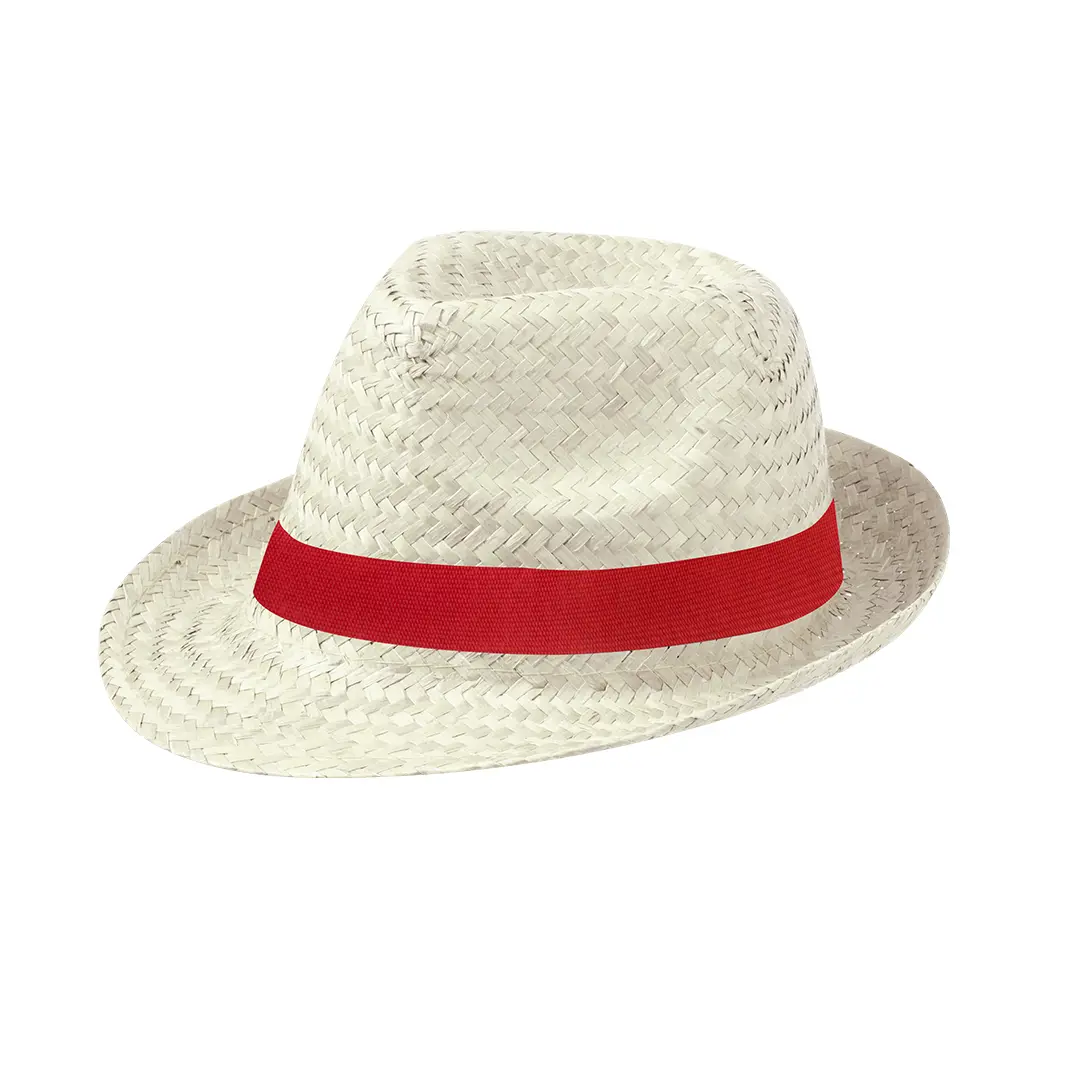 Sombrero de paja blanco con cinta roja para protección solar.