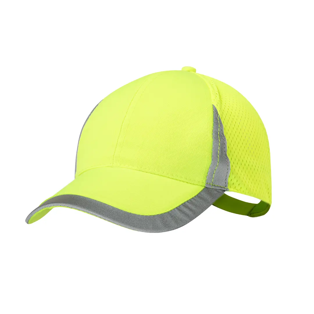 Gorra amarilla fluorescente con detalles reflectantes grises y malla trasera para mayor ventilación.