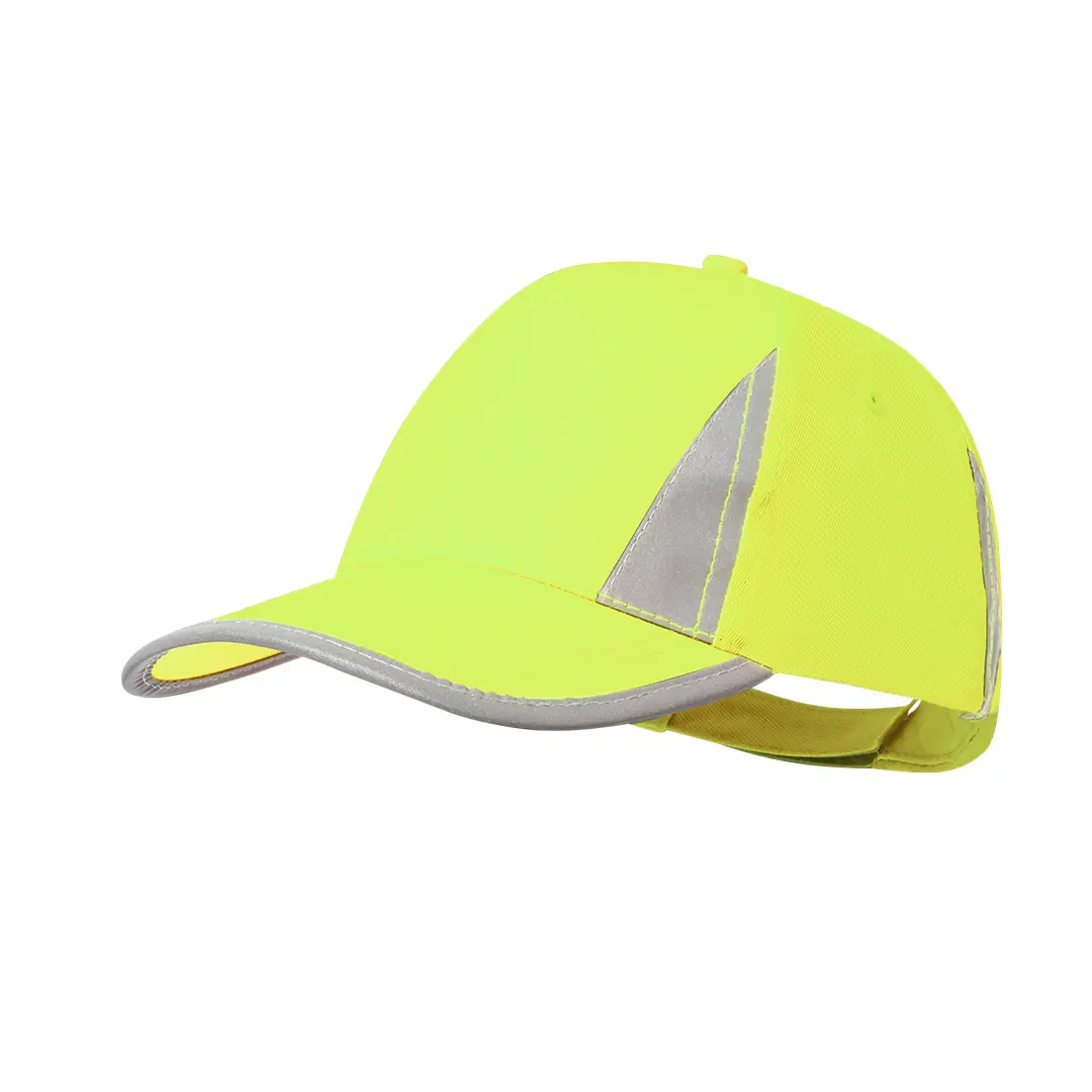 Gorra amarilla fluorescente con detalles reflectantes y visera curva.