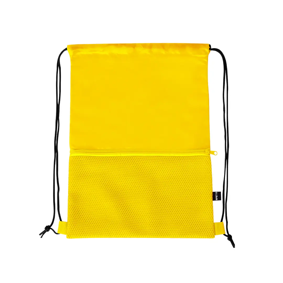 Mochila saco amarilla con bolsillo frontal de malla y cordones negros.