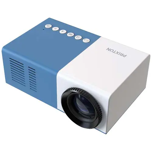Proyector portátil bicolor azul y blanco con lente frontal y botones de control en la parte superior