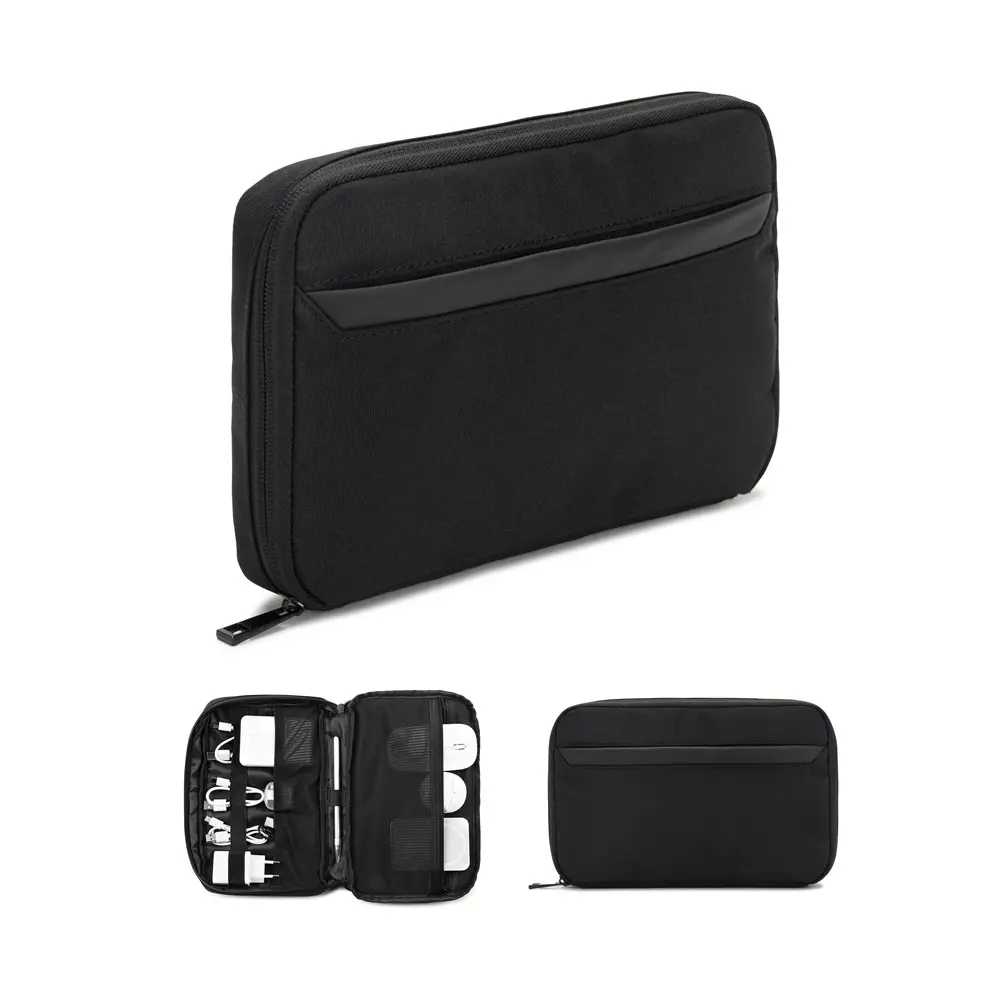Funda organizadora negra con bolsillos y separadores para cables, cargadores y accesorios electrónicos.