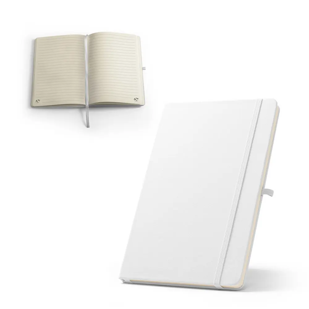 cuaderno de tapa blanca con páginas rayadas y cierre elástico mostrado abierto y cerrado
