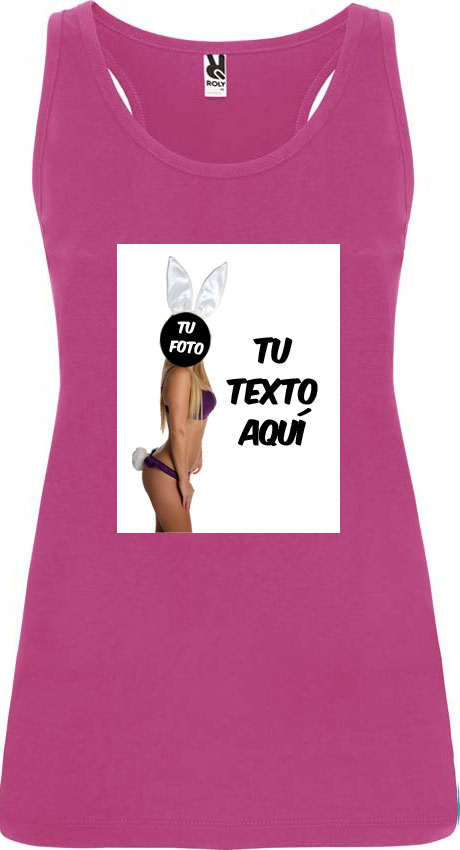 Camiseta sin mangas rosa con diseño personalizable de mujer con orejas de conejo y texto.