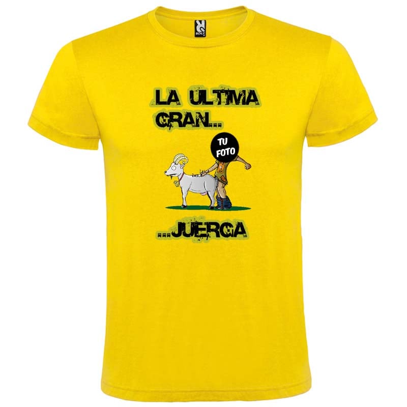 Camiseta amarilla con texto "La última gran... juerga" y dibujo de una cabra y persona con espacio para foto.