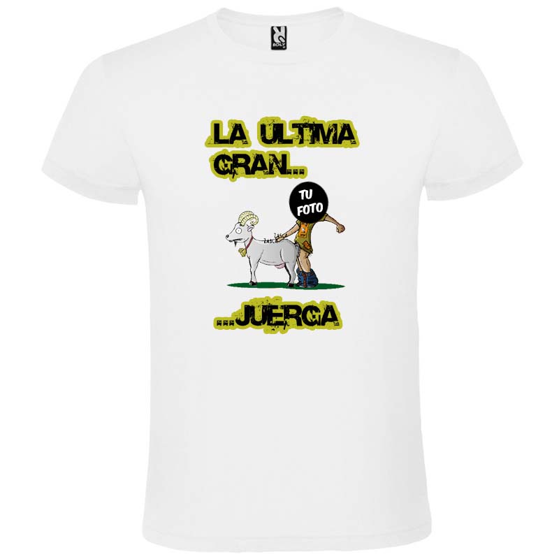 Camiseta blanca con diseño de persona y cabra con texto "La última gran... juerca".