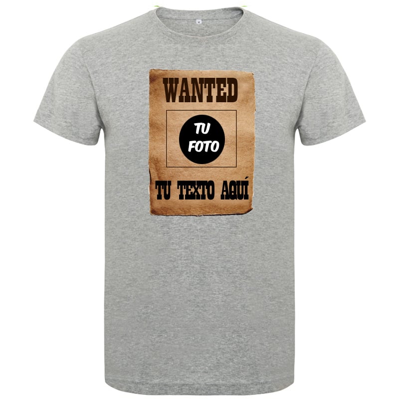 Camiseta gris de algodón con diseño personalizable tipo cartel de "Se busca" en tonos marrones y negros.