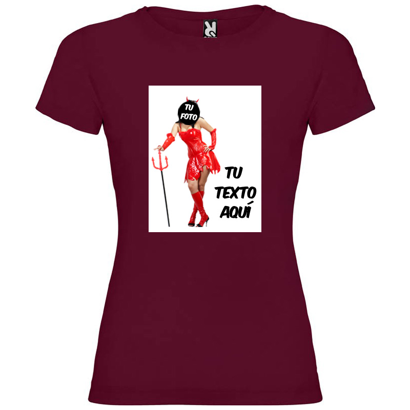 Camiseta de mujer burdeos con diseño personalizable de diablesa en rojo con tridente.