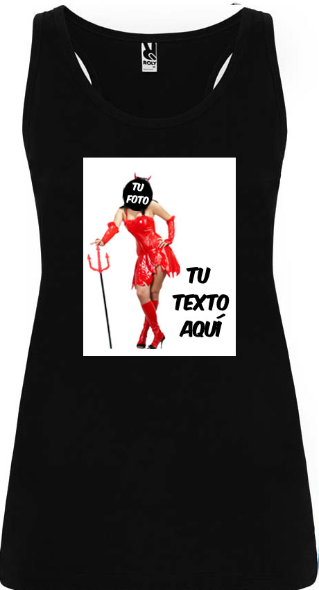 Camiseta sin mangas negra Roly con diseño personalizado de mujer disfrazada de diablesa en rojo y texto editable.