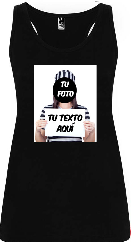 Camiseta de tirantes negra Roly con diseño personalizable en el centro.