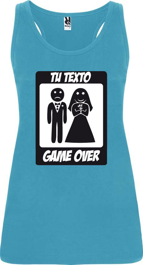 Camiseta sin mangas azul turquesa de algodón con diseño humorístico de pareja de novios y texto personalizable "Tu texto Game Over".