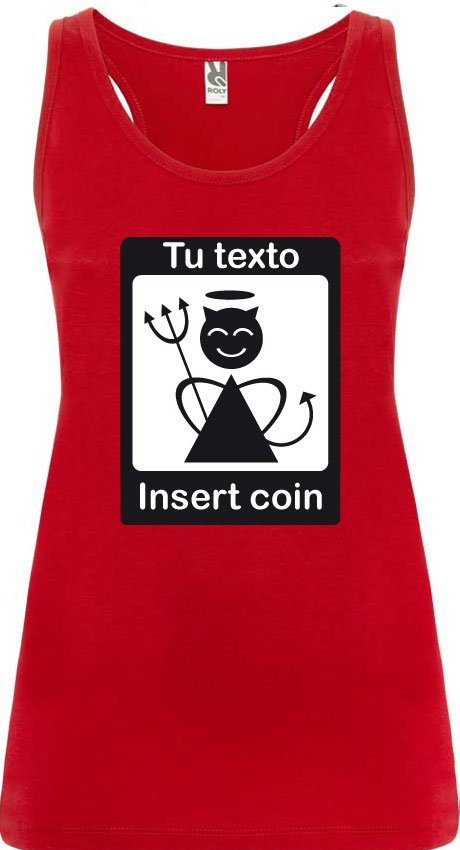 Camiseta de tirantes roja Roly con diseño negro de diablillo sonriente y texto personalizable.