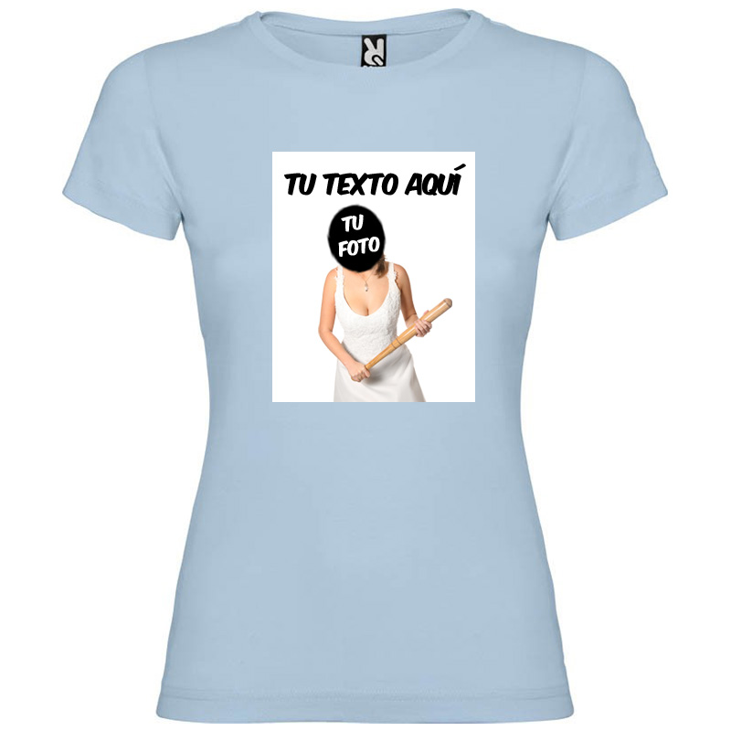 Camiseta azul claro de algodón para mujer con diseño personalizable de texto y foto.
