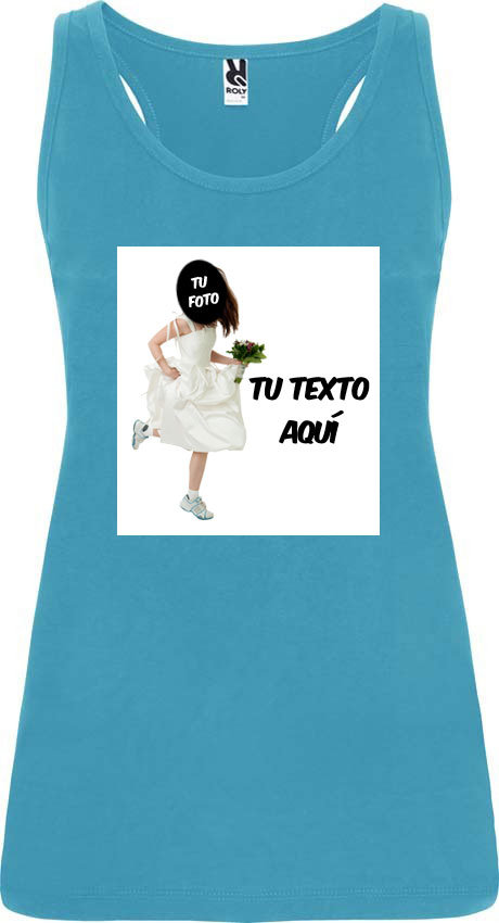 Camiseta sin mangas azul turquesa Roly con diseño personalizable en el centro.