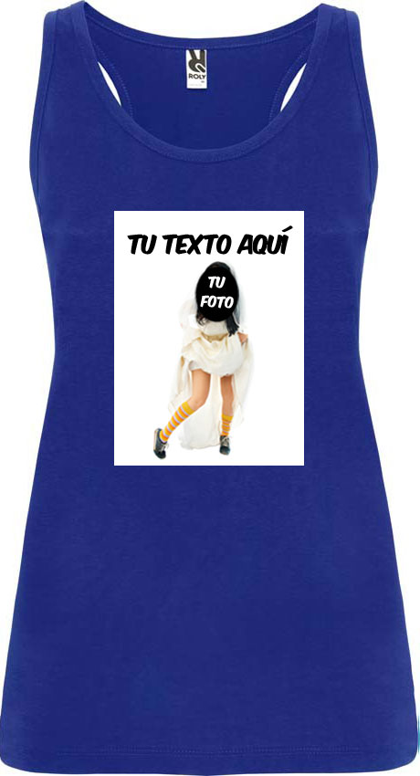 Camiseta de tirantes azul con diseño personalizable que incluye texto y foto.