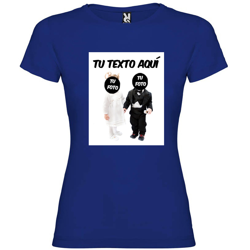 Camiseta azul de algodón con diseño personalizado de niños vestidos de comunión y texto editable.