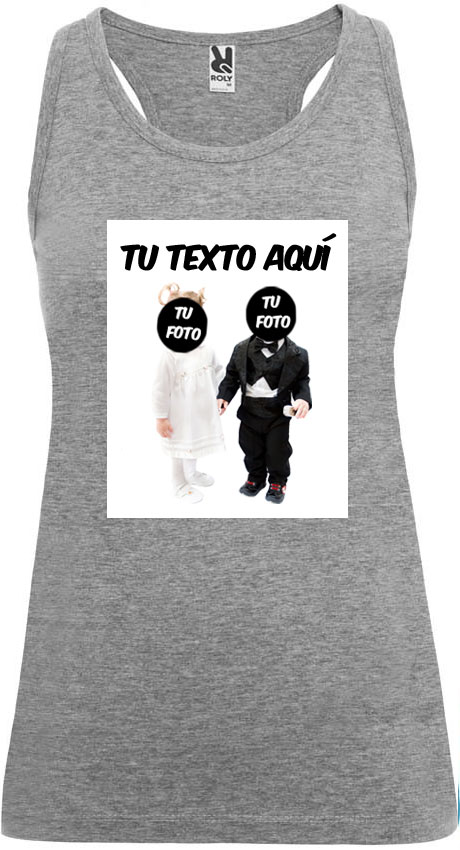 Camiseta sin mangas gris de algodón con diseño personalizable de niños vestidos de comunión y texto.