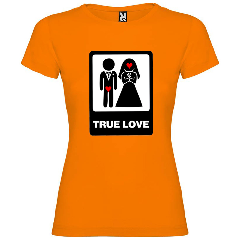 Camiseta naranja de algodón con estampado de pareja de novios y texto "True Love".