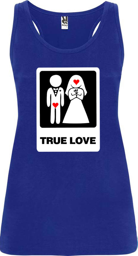 Camiseta sin mangas azul con estampado de pareja de novios y texto "True Love".