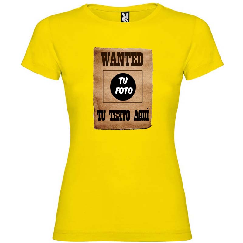 Camiseta amarilla de mujer con diseño personalizable tipo cartel de "se busca".