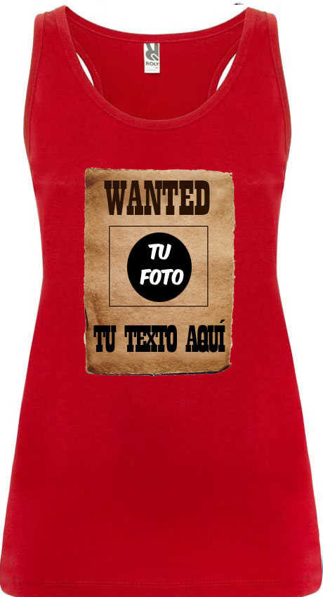 Camiseta sin mangas roja Roly con diseño personalizable estilo cartel de "Wanted".