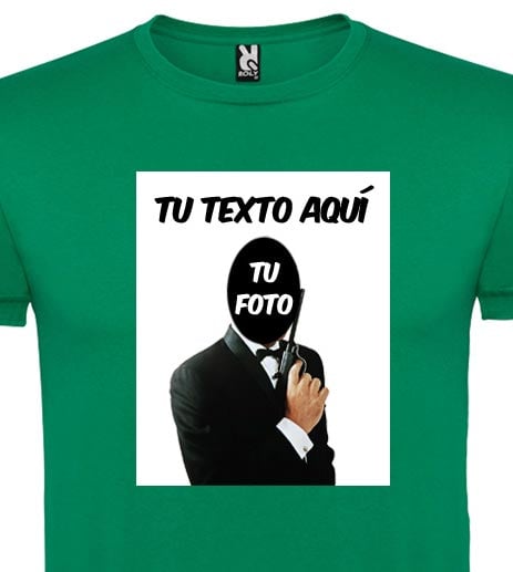 Camiseta verde de algodón con diseño personalizable de hombre con esmoquin y pistola.