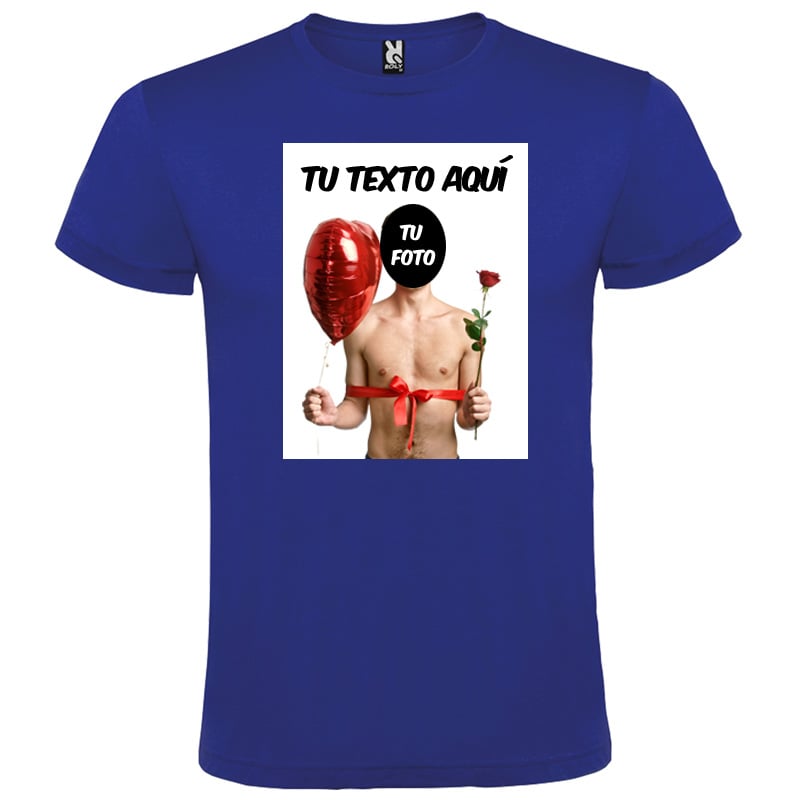 Camiseta azul de algodón Roly con diseño personalizable de hombre con globo rojo y rosa.