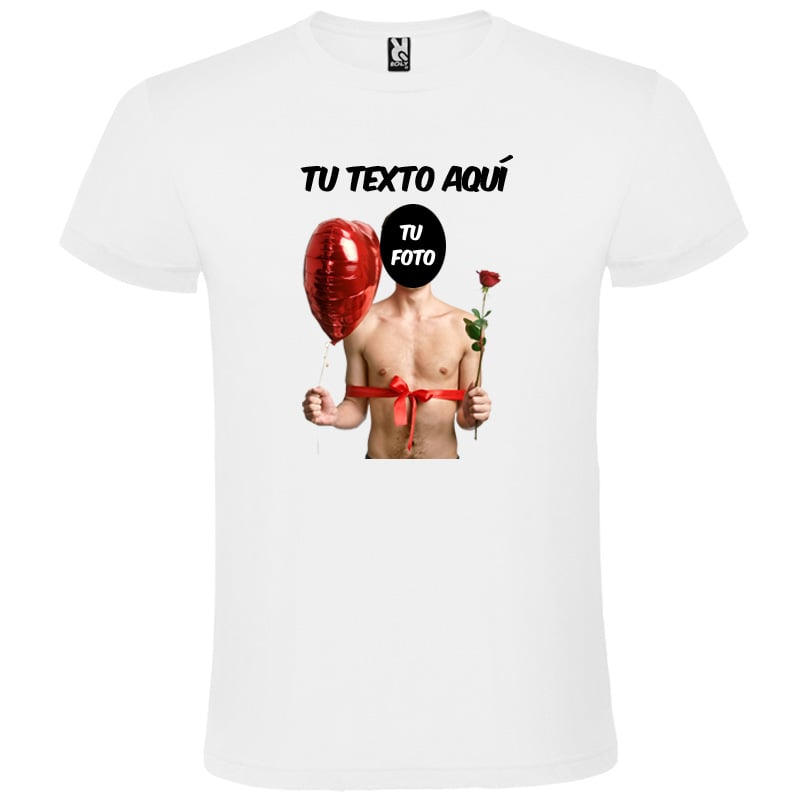 Camiseta blanca personalizada con diseño de torso masculino con globo rojo y rosa, y texto editable.