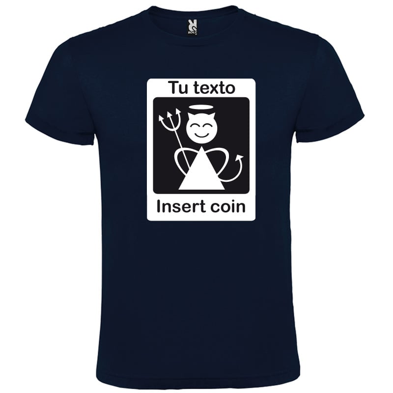 Camiseta azul marino de algodón con diseño blanco de diablillo sonriente y texto personalizable.